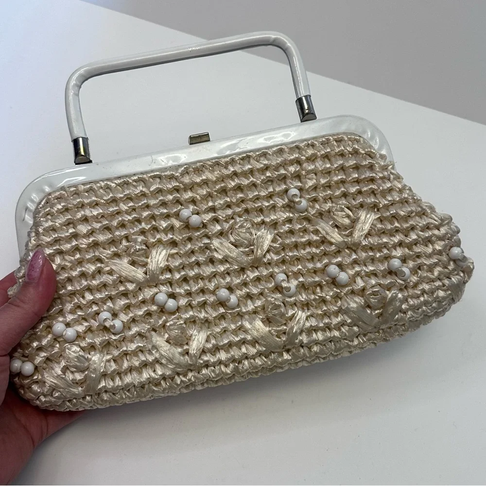 Vintage Rattan Straw Woven Purse Tan White Beaded - Picture 4 of 10